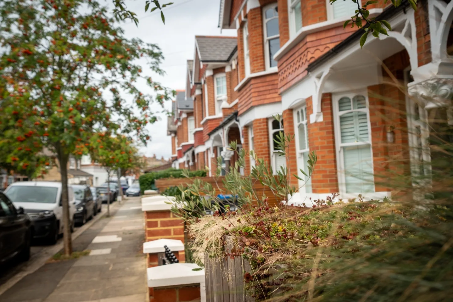 Residential street of red-brick homes in Wimbledon